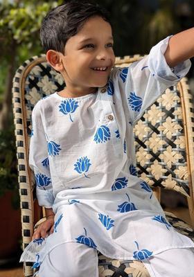 Blue Printed Cotton Kurta Set For Boys