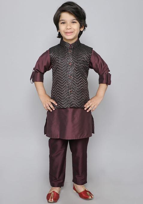 Maroon Solid Silk Kurta Set For Boys — view on Indya