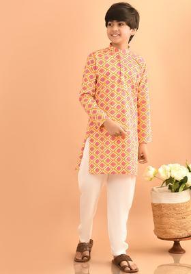 Pink Printed Cotton Kurta Set For Boys