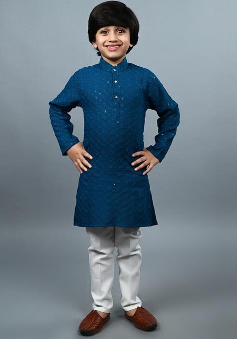 Teal Embroidered Cotton Kurta Set For Boys — view on Indya