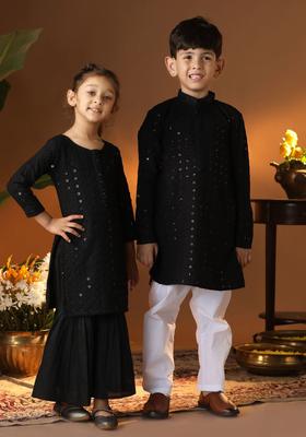 Black Embroidered Viscose Kurta Set For Boys