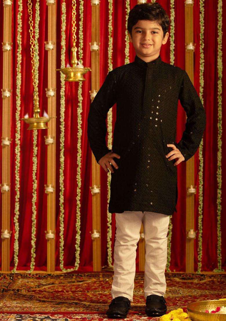 Black Embroidered Viscose Kurta Set For Boys - Indya