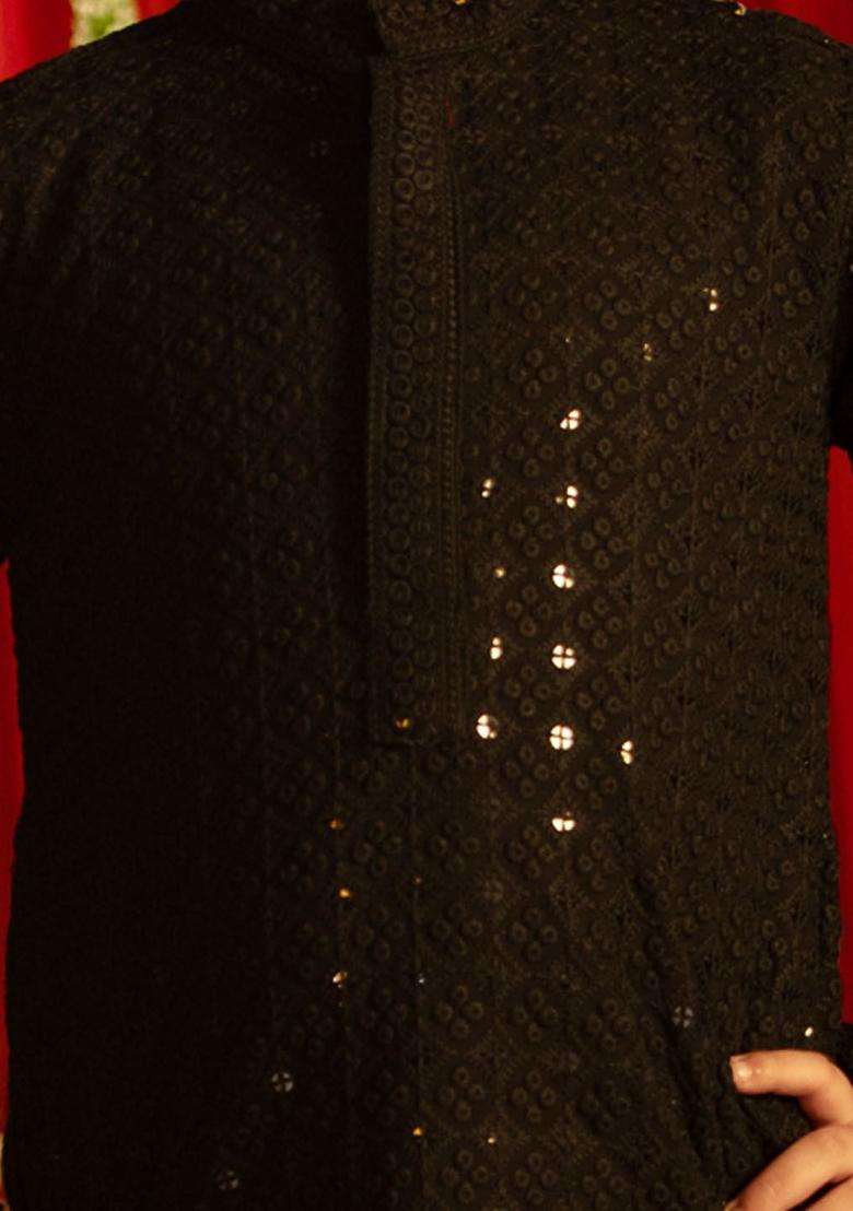 Black Embroidered Viscose Kurta Set For Boys - Indya