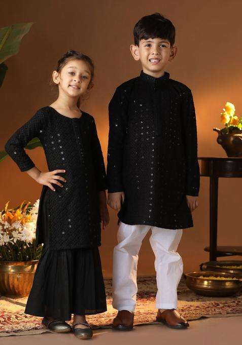 Black Embroidered Viscose Kurta Set For Boys