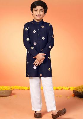 Blue Embroidered Cotton Kurta Set For Boys