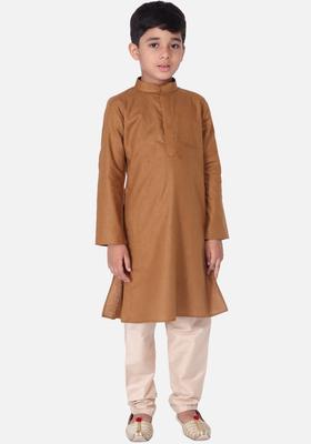 Brown Solid Cotton Kurta Set For Boys