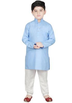 Blue Solid Cotton Kurta Set For Boys