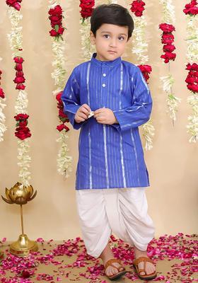 Blue Striped Cotton Kurta Set For Boys