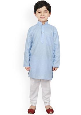 Blue Solid Cotton Kurta Set For Boys