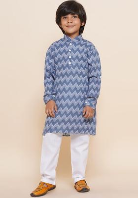 Blue Printed Cotton Kurta Set For Boys