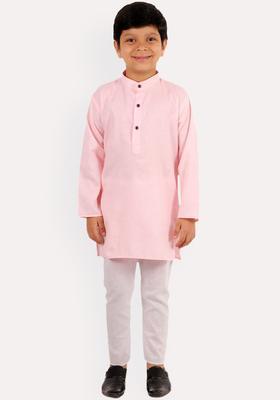 Pink Solid Cotton Kurta Set For Boys