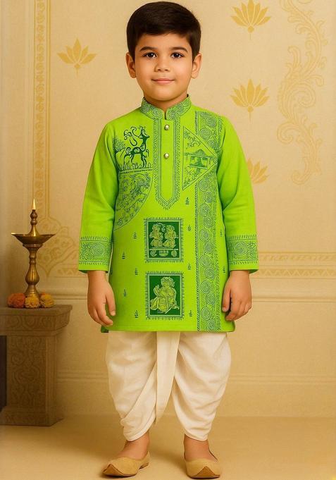 Lime Green Printed Cotton Kurta Set For Boys — view on Indya