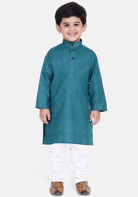 Blue Solid Cotton Kurta Set For Boys