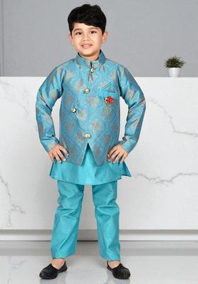Turquoise Blue Solid Silk Kurta Set For Boys