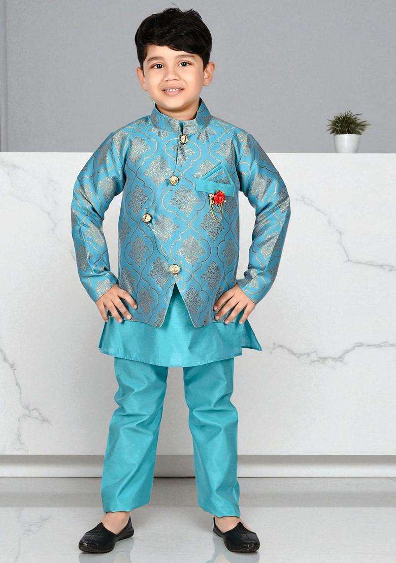 Turquoise Blue Solid Silk Kurta Set For Boys - Indya