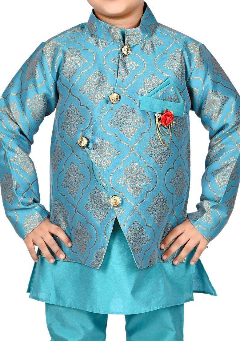 Turquoise Blue Solid Silk Kurta Set For Boys - Indya