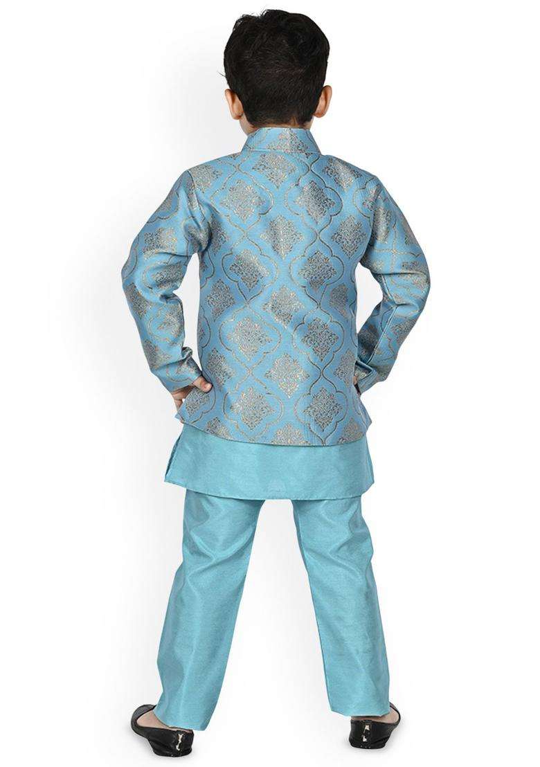 Turquoise Blue Solid Silk Kurta Set For Boys - Indya