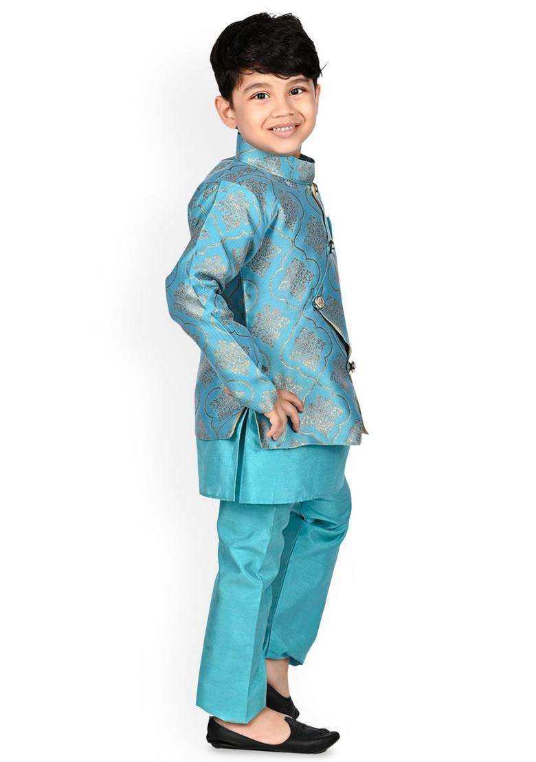 Turquoise Blue Solid Silk Kurta Set For Boys - Indya