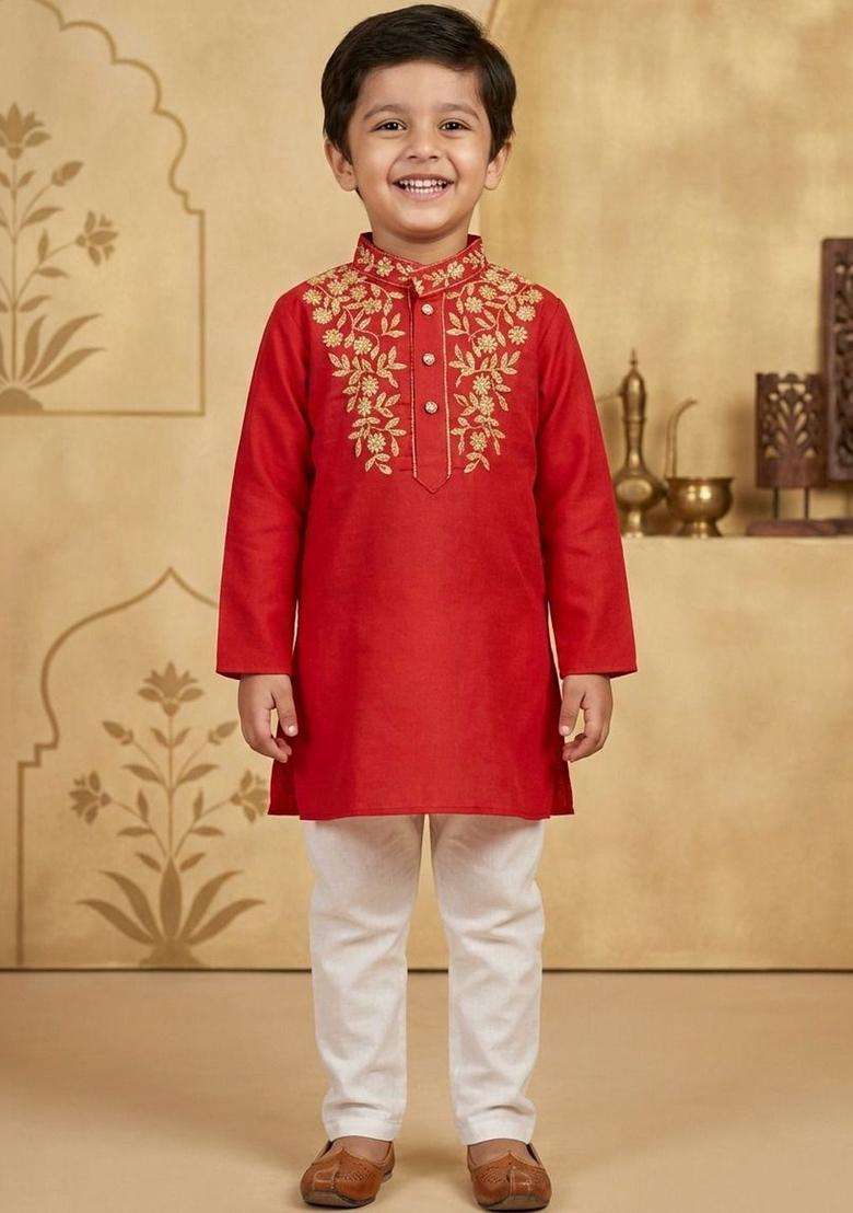 Red Embroidered Cotton Kurta Set For Boys - Indya