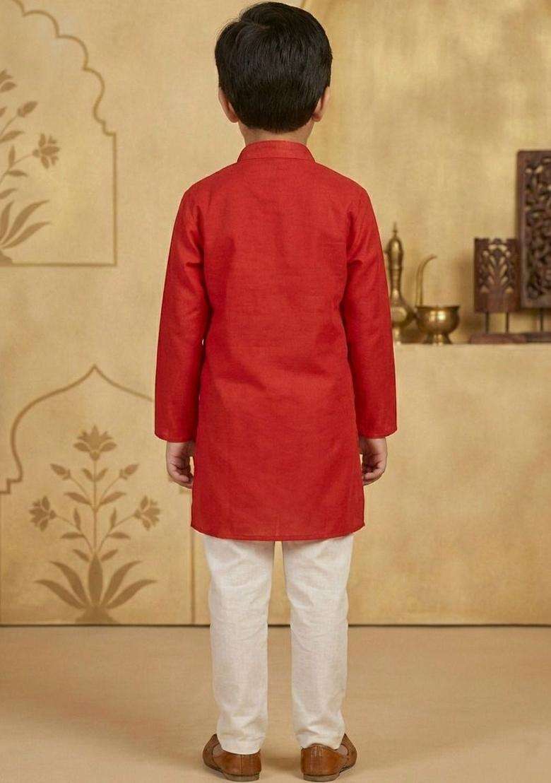 Red Embroidered Cotton Kurta Set For Boys - Indya