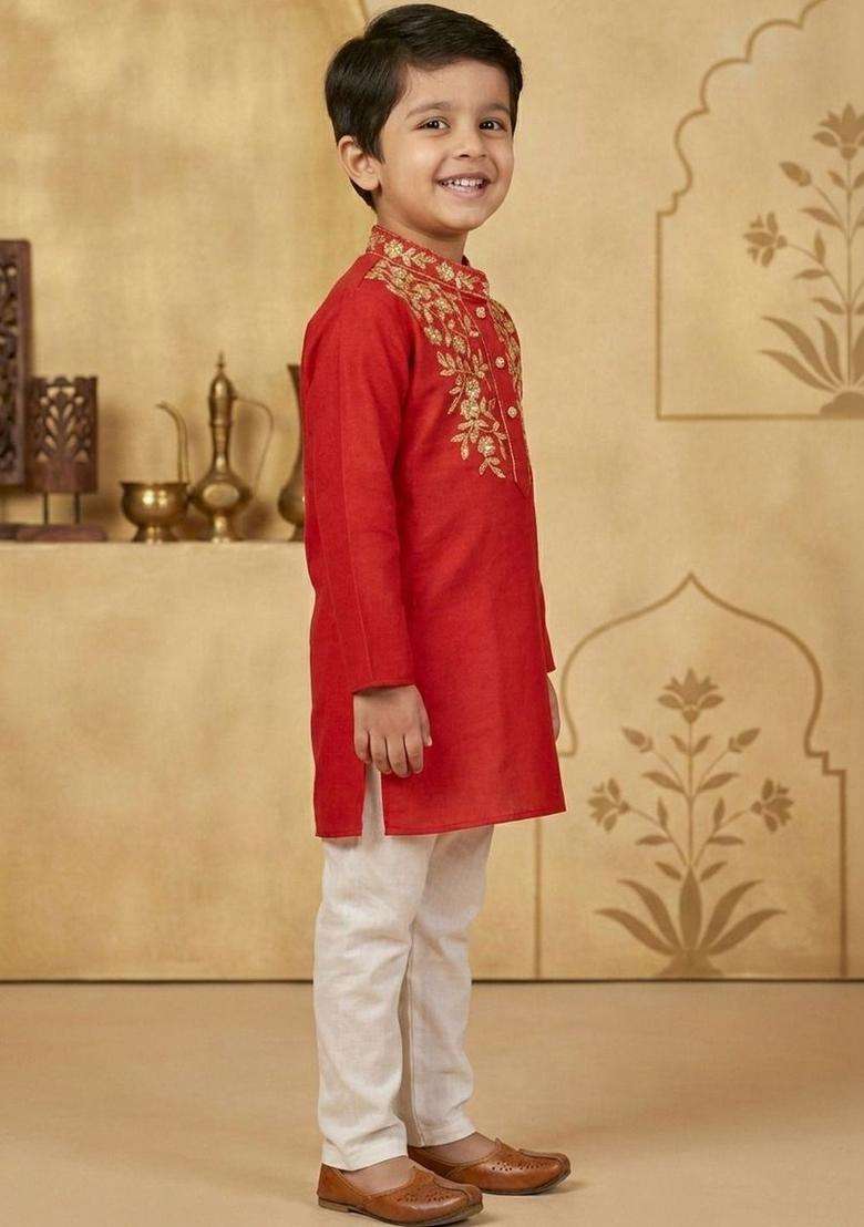 Red Embroidered Cotton Kurta Set For Boys - Indya