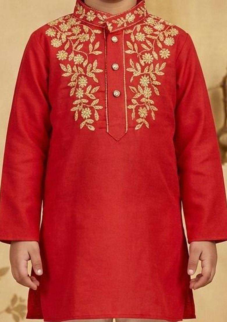 Red Embroidered Cotton Kurta Set For Boys - Indya