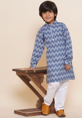 Blue Printed Cotton Kurta Set For Boys