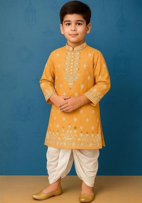 Yellow Printed Cotton Kurta Set For Boys