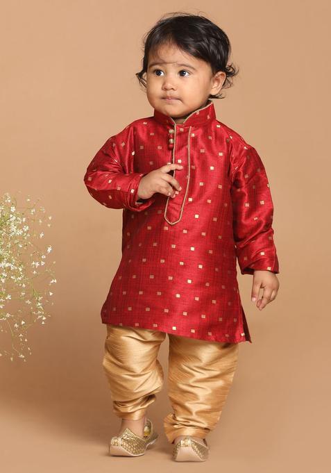Maroon Self Design Silk Kurta Set For Boys — view on Indya