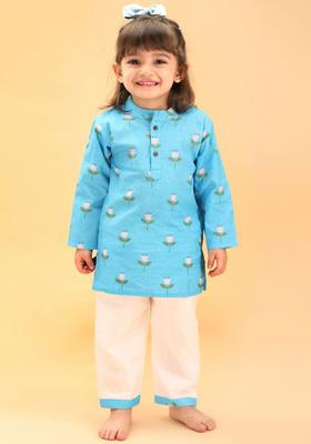 Blue Printed Cotton Kurta Set For Boys