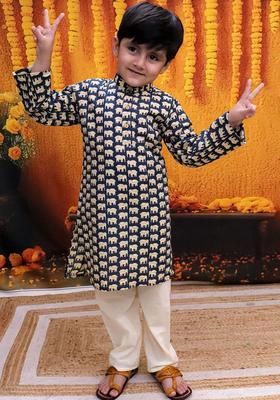 Blue Printed Cotton Kurta Set For Boys
