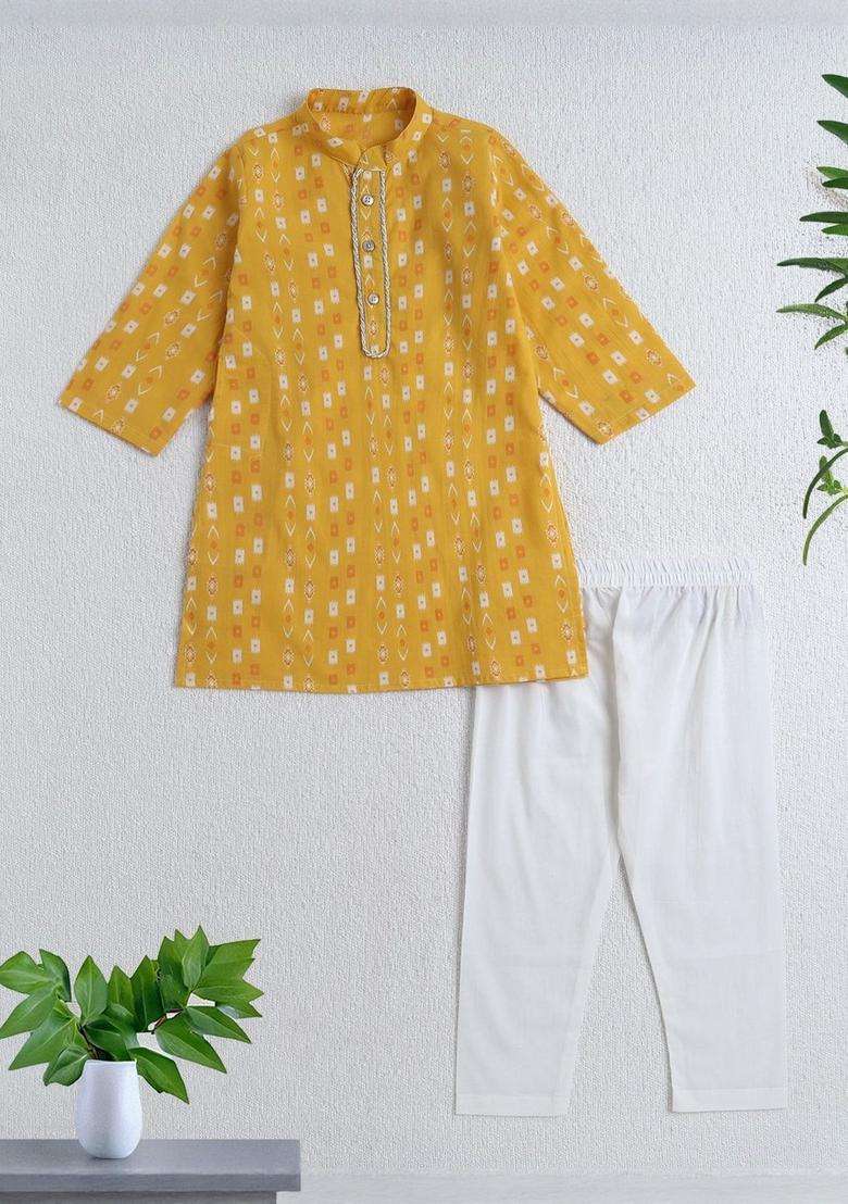 Yellow Printed Cotton Kurta Set For Boys - Indya