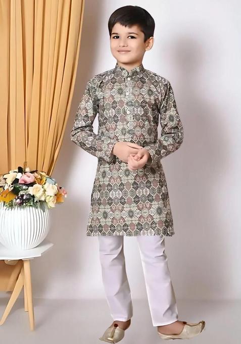 Green Self Design Cotton Kurta Set For Boys — view on Indya