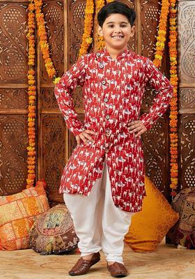 Red Printed Silk Kurta Set For Boys