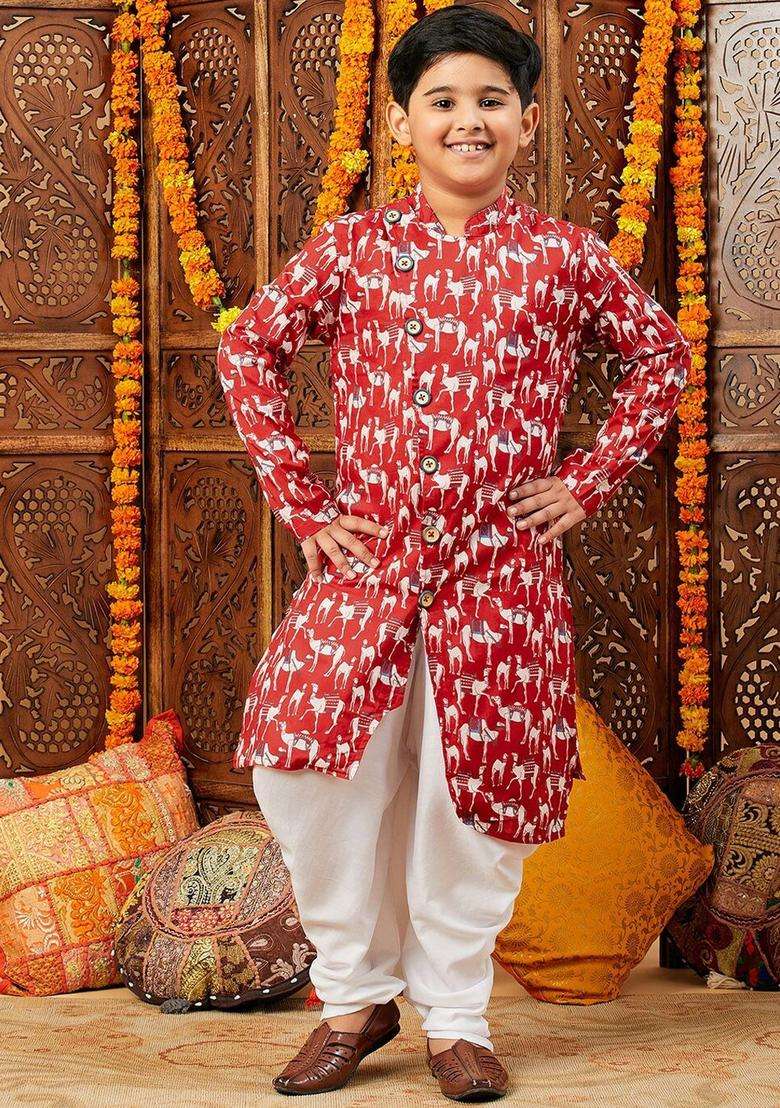 Red Printed Silk Kurta Set For Boys - Indya