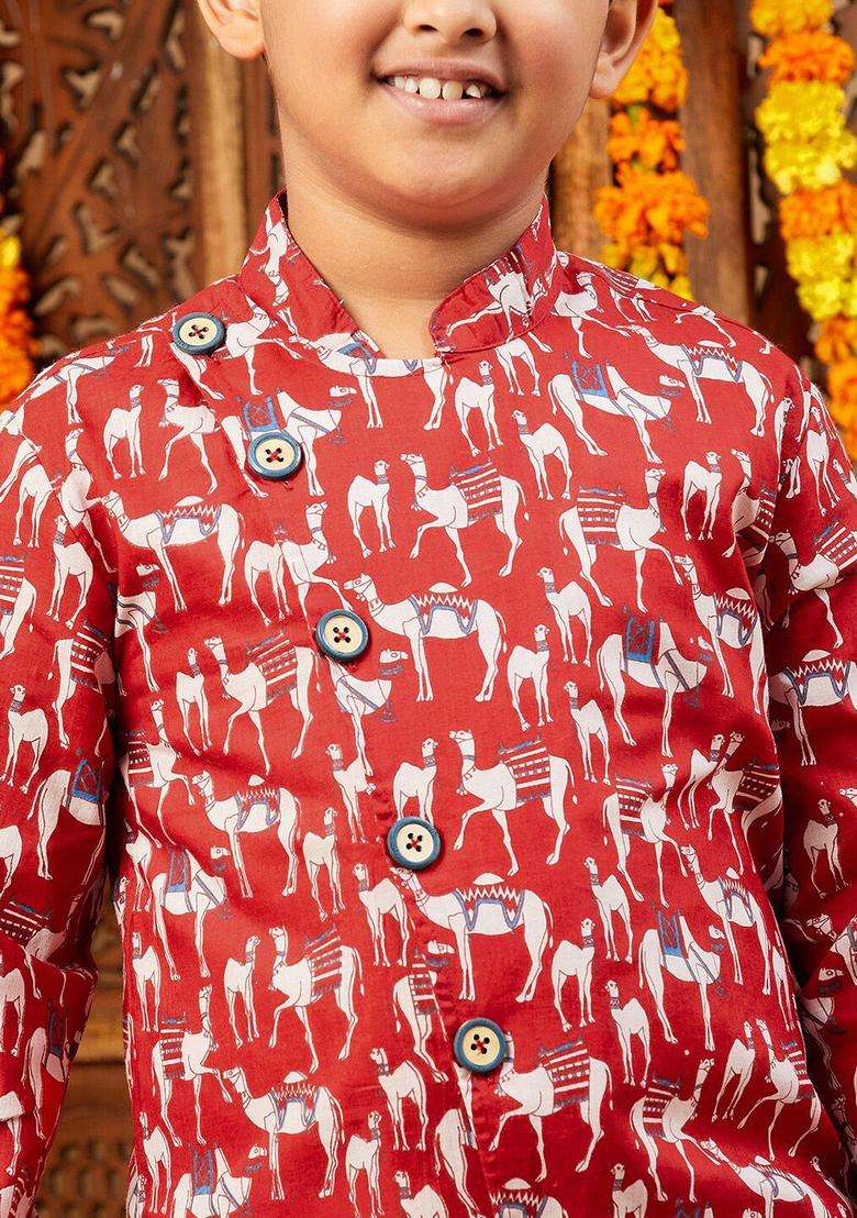 Red Printed Silk Kurta Set For Boys - Indya