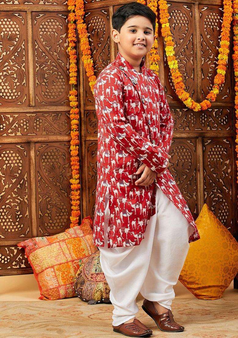 Red Printed Silk Kurta Set For Boys - Indya