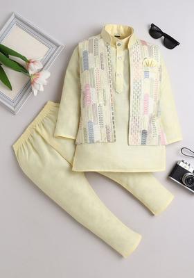 Yellow Solid Cotton Kurta Set For Boys