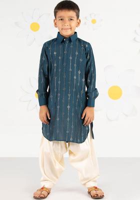 Blue Printed Cotton Kurta Set For Boys