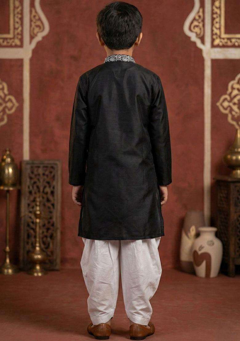 Black Embroidered Cotton Kurta Set For Boys - Indya