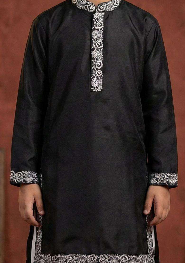 Black Embroidered Cotton Kurta Set For Boys - Indya