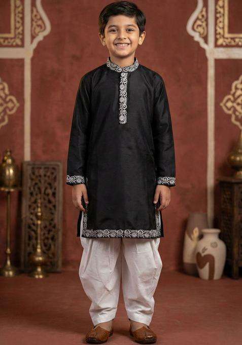 Black Embroidered Cotton Kurta Set For Boys
