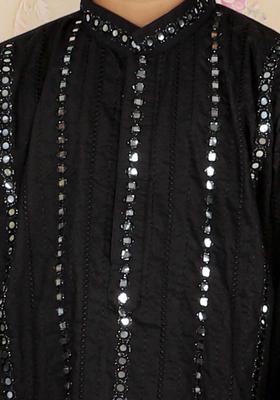 Black Embroidered Viscose Kurta Set For Boys