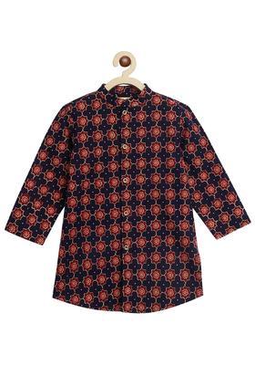 Blue Printed Cotton Kurta Set For Boys