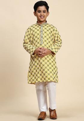 Yellow Embroidered Cotton Kurta Set For Boys
