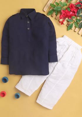 Navy Blue Solid Cotton Kurta Set For Boys