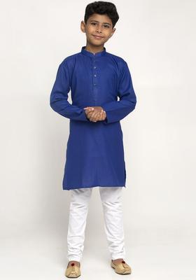 Blue Solid Cotton Kurta Set For Boys