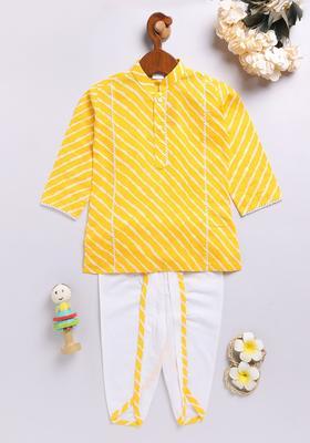 Yellow Printed Cotton Kurta Set For Boys