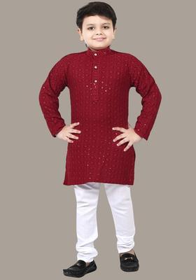 Maroon Embroidered Viscose Kurta Set For Boys