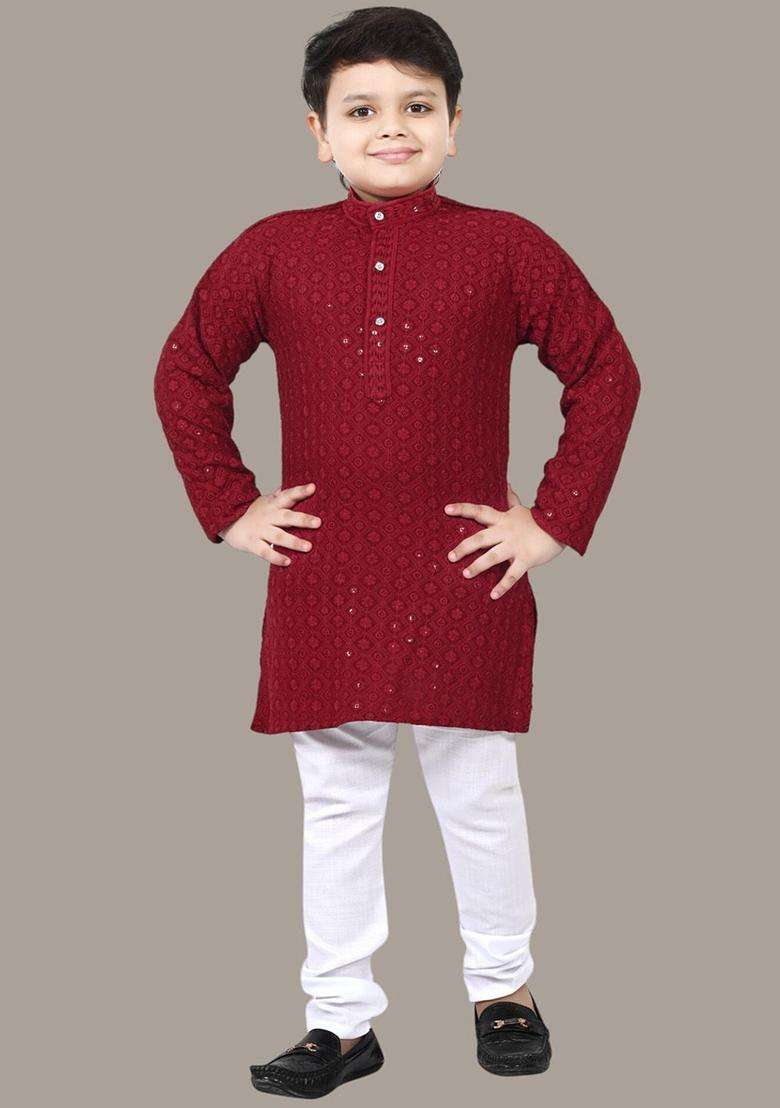 Maroon Embroidered Viscose Kurta Set For Boys - Indya